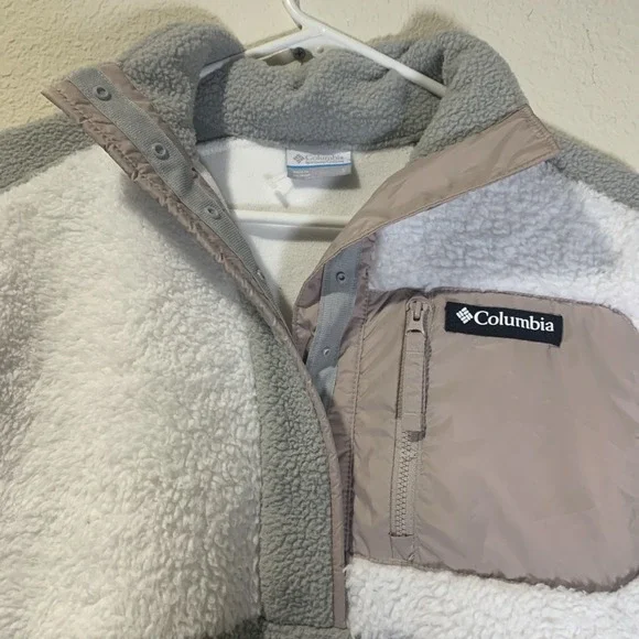 Columbia Womens Sherpa 1/4 Snap Crop Fleece Pullover Tan White Soft Warm Small - Picture 4 of 8